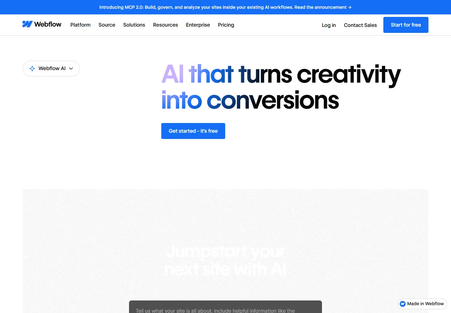Webflow AI official website page screenshot